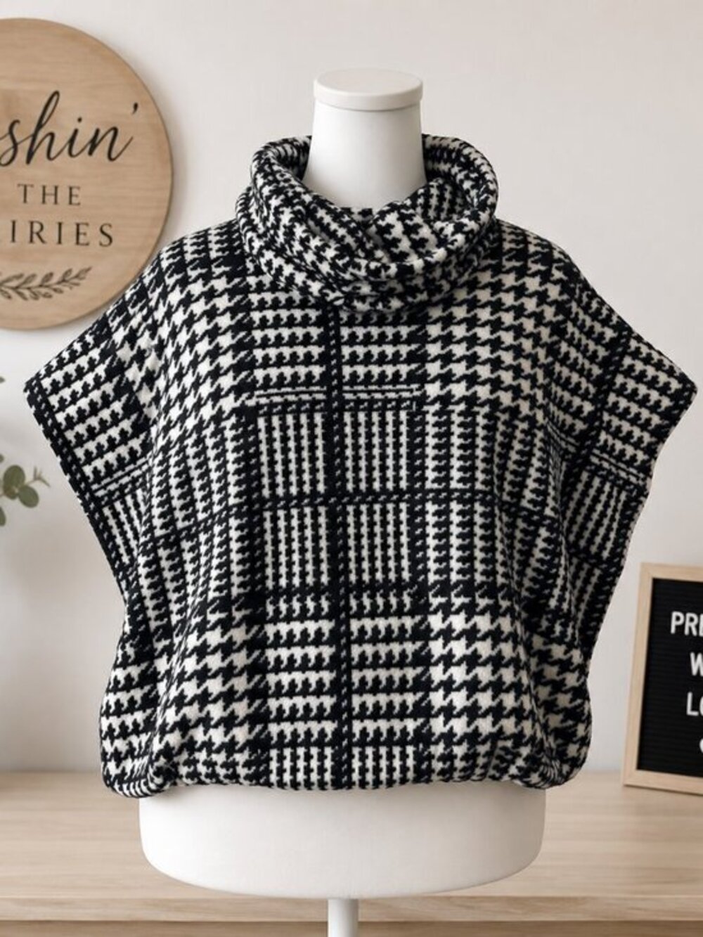 4 for $25 🖤 Black & White Plaid Cowl Neck Poncho Sweater | One Size 🖤